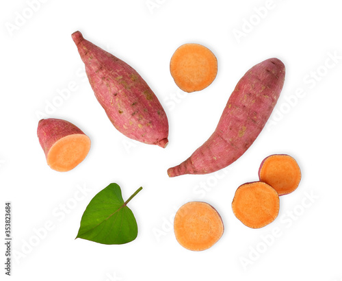 Sweet potato with potato leaf isolated on white background, Top view.