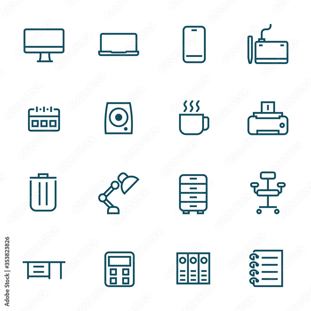office supplies on work desk simple line icons office supplies on work desk simple line icons