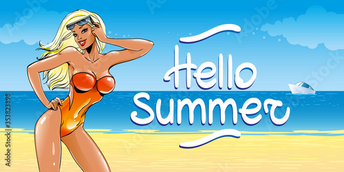 Sexy girl in a red swimsuit stands on the background of the beach, the sky with clouds and the ocean in which the yacht is floating. Wide format for banner, card with the inscription hello summer