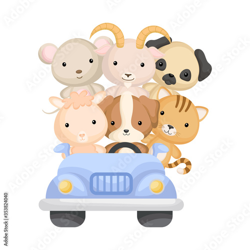 Cute mouse, dog, goat, cat and alpaca travel in car. Graphic element for childrens book, album, scrapbook, postcard or mobile game. Zoo theme.