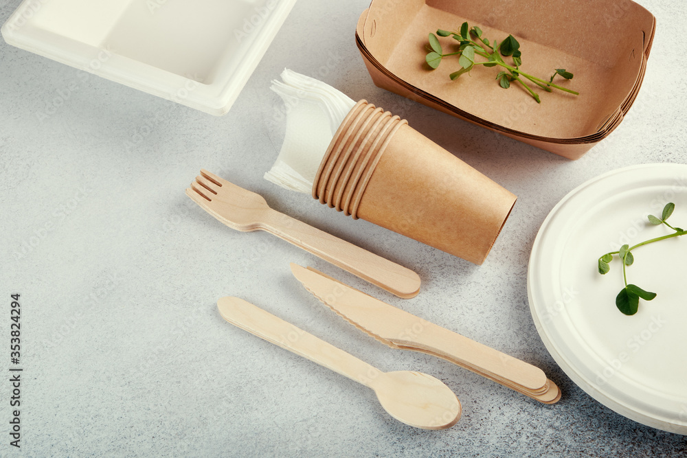 Biodegradable disposable tableware. Paper plates, cups, boxes. Wooden  cutlery. foto de Stock | Adobe Stock
