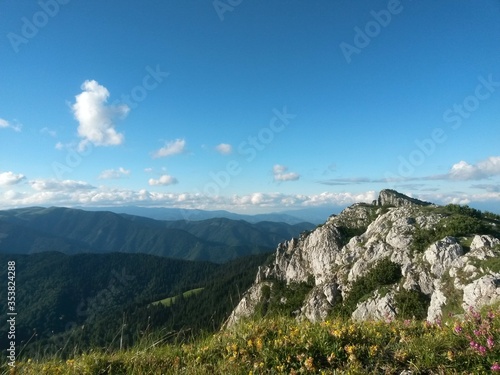 beautiful landscape seen from top of the green mountain in summer season. horizon line on sunny day with blue sky and fluffy clouds © badescu