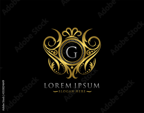 Luxury Boutique G Letter Logo. Classy Elegant gold circle badge design for Boutique, Letter Stamp, Wedding Logo,  Hotel, Heraldic, Jewelry.