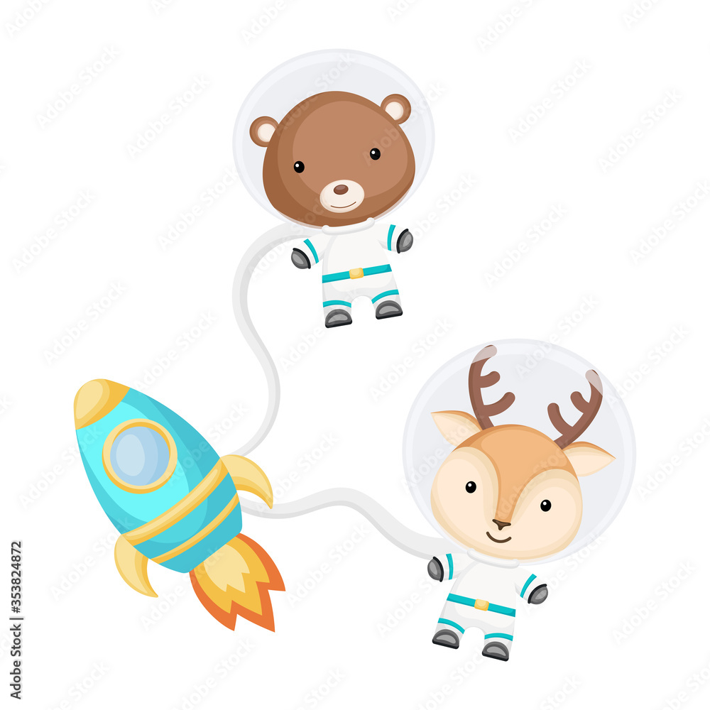 Cute little bear and deer astronauts flying in open space. Graphic element for childrens book, album, scrapbook, postcard, invitation. Cute little bear and deer astronauts flying in open space. Graphic element for childrens book, album, scrapbook, postcard, invitation.