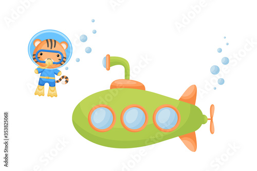 Cute cartoon tiger in diving suit swim underwater near submarine. Design of t-shirt, album, card, invitation.