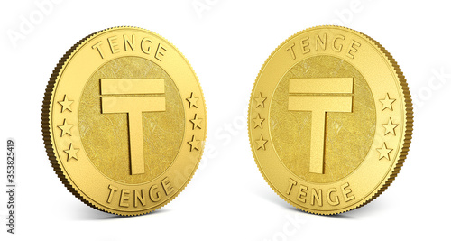 Gold coins with Kazakhstani tenge sign isolated on a white background. 3d illustration. 3d rendering. photo