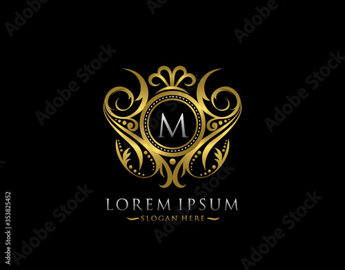 Luxury Boutique M Letter Logo. Classy Elegant gold circle badge design for Boutique  Letter Stamp  Wedding Logo   Hotel  Heraldic  Jewelry.
