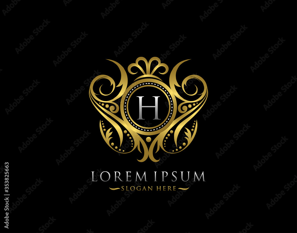 Luxury Boutique H Letter Logo. Classy Elegant gold circle badge design for Boutique, Letter Stamp, Wedding Logo,  Hotel, Heraldic, Jewelry.