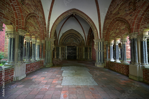 View into the historic narthex called Paradise at the Luebeck Cathedral built as a cloister hall with open arcades in brick architecture