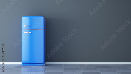 Retro Blue Refrigerator. Fridge Freezer. 3d rendering photo