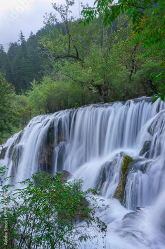Beautiful and fresh scenery at  Pearl Shoal waterfall with massive cascade  green algae  reflection and trees perfect for mind relaxing during holidays at Jiuzhaigou Valley National Park.