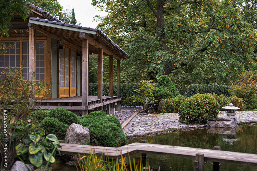 Japanese garden and Asian-style courtyard and landscape design at the Peter the Great Botanical Garden in St. Petersburg