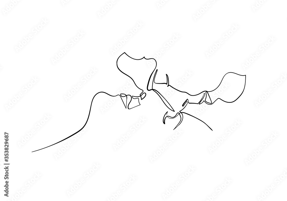 Fototapeta Continuous line drawing of Man and Woman are kissing love and valentine concept.