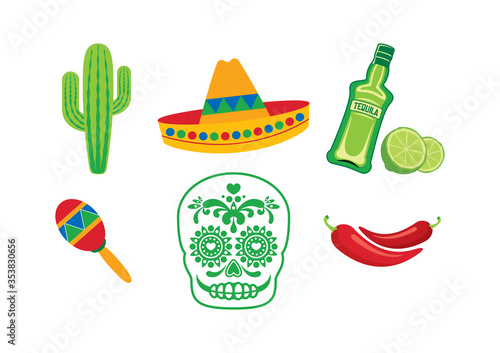 Mexico colored icon set vector. Mexico colored symbols vector. Mexican design elements vector. Mexico icon set isolated on a white background