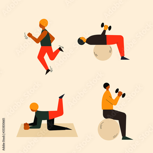 set of fitness people,  set of young people doing exercises and sports, fitness training conept, gym training and workouts concept, healthy and active lifestyle, people at gym