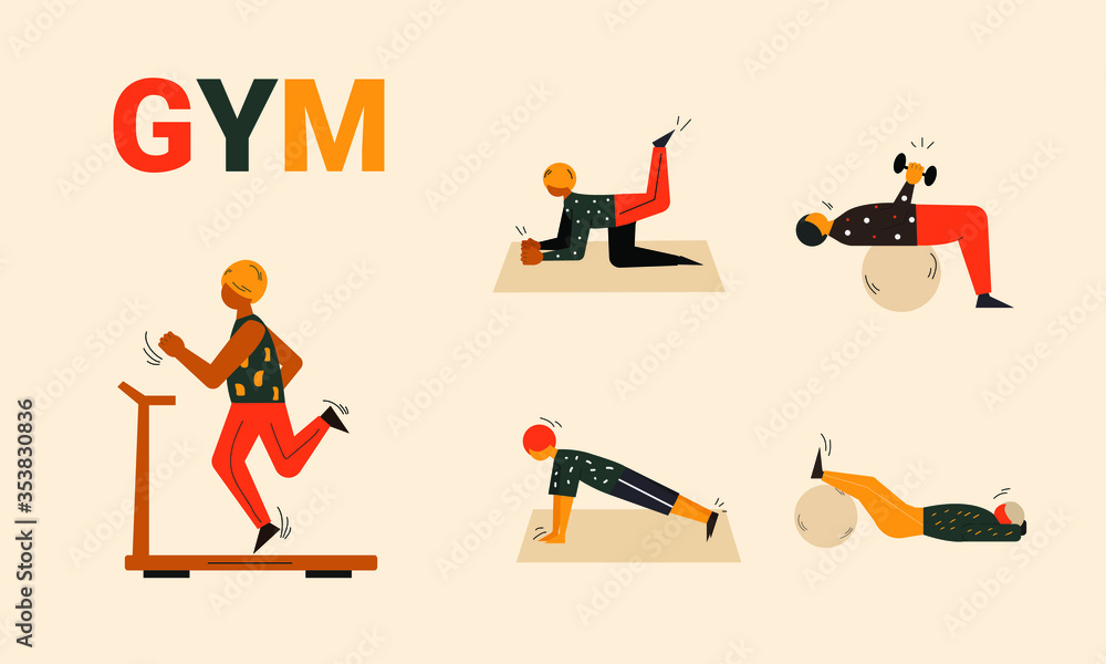 Naklejka premium People doing exercises and sports. Sports activities. Workouts sets. Active and healthy lifestyle. People training. Gym workouts and training. Treadmill workout vector flat style illustration