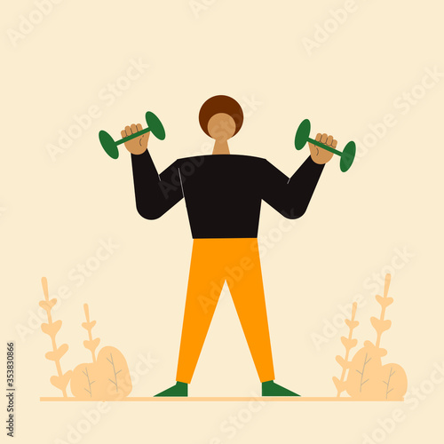 Man lifting weights vector. African man doing sports. Man doing workouts. Gym workouts concept. Fitness man doing sports activities. Losing weight concept. 