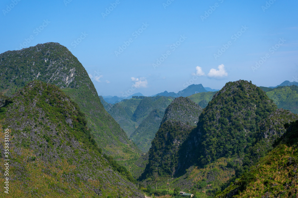 Beautiful mountain landscape of happiness road kilometer zero of Ha Giang Loop famous place and attraction travel destination Ha Giang City to Dong Van and Meo Vac, Vietnam