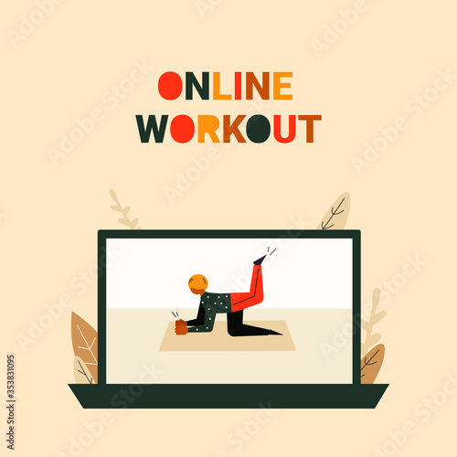 Laptop and video of boy working out at home. Online videos of sports and fitness workouts. Online fitness and gym tutorial. Workouts at home. Online education vector flat illustration.