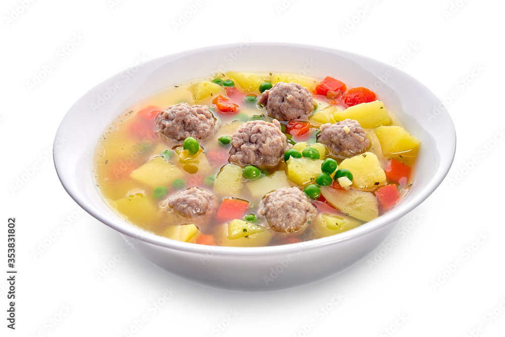 Meatballs with green peas in the potato soup Meatballs with green peas in the potato soup