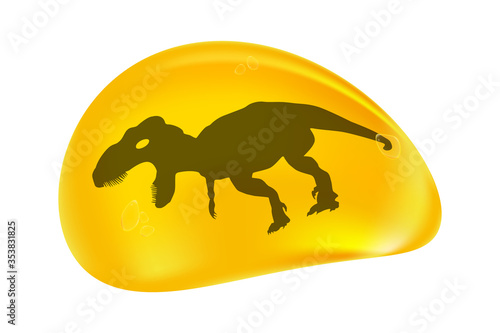 Dinosaur in a drop of amber isolated on white background. Fossilised tree resin. Ancient amber midge inclusion. Piece of amber with a dino inside. Stone with a prehistoric animal. Vector illustration