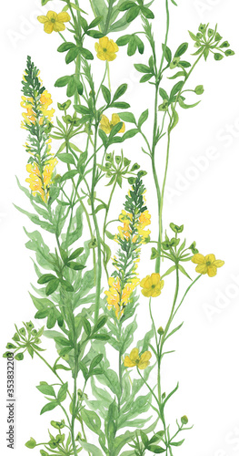 Watercolor painting seamless border (vertical) with yellow wildflowers © ramiia