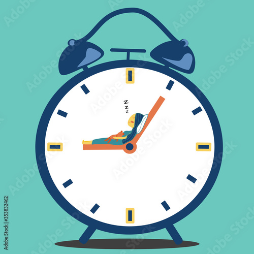 Woman sleeping on the arm clock at 9 PM., Body clock concept.