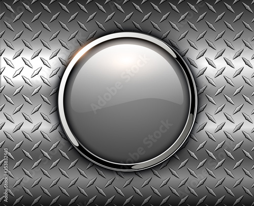 Glossy button over metallic diamond plate sheet metal texture