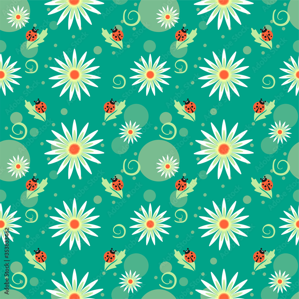 Daisies and ladybugs. Vector seamless pattern, bright and juicy.