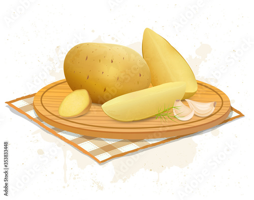 potato vector illustration on round wooden chopping board
