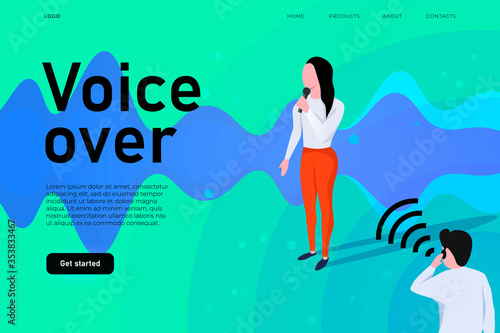 Voice over system conceptual illustration with stylized sound wave. Woman talking to micrphone.