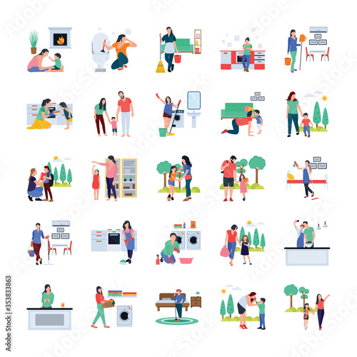  Family, Housewife, Family Walking Outdoor Flat Vectors 