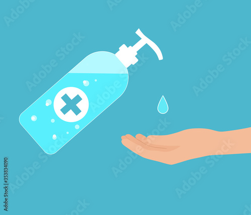 Hands using hand sanitizer gel pump dispenser or alcohol to prevent Covid-19 coronavirus. Flat style vector illustration isolated on white background. Protection concept with use hand sanitizer title.