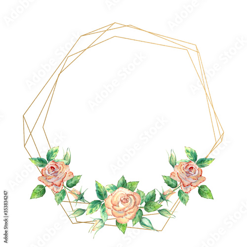 Gold geometric frame decorated with flowers. Peach roses, green leaves, open ...