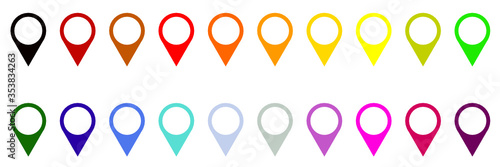 Vector illustration of set map pointers in different colors on a white background which can be use in cartography or gps navigation like a pin to point a specific place on the map.