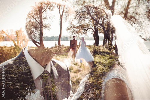 Double exposure, kiss the bride and groom