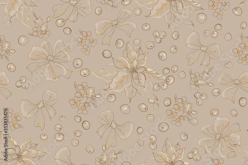 Christmas seamless pattern with poinsettia, holly berries, flowers and bows on brown background. Monochrome. For festive design, wrapping paper, textile, greeting cards. Vector.
