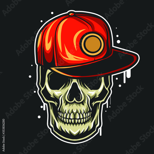 skull wearing snapback hat spray brush vector illustration isolated on black background