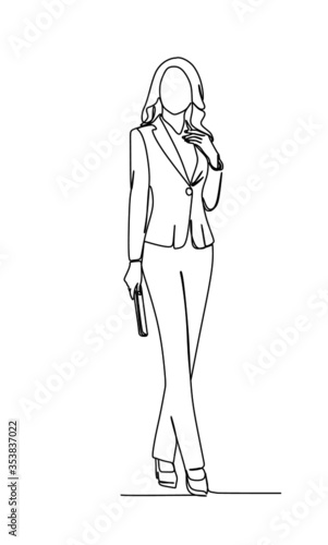 A young businesswoman standing and carrying  a wallet. full length portrait isolated on white background. Continuous single line drawing vector illustration 