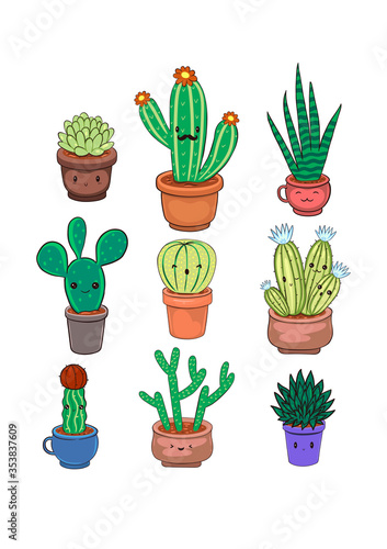 Greeting card with kawaii cacti on a white background. Vector graphics.