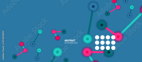Flat style geometric abstract background, round dots or circle connections on color background. Technology network concept.