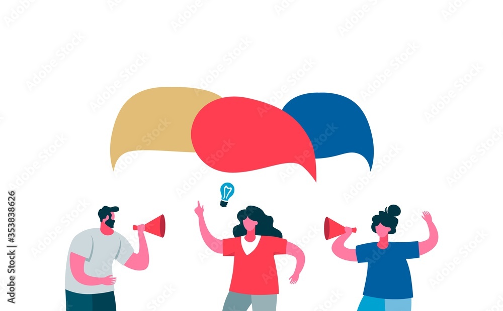 Fototapeta premium Advertising employees of new project fresh ideas speech bubble. Two women and man with speaker advertise product shout in chat about new vector idea color flat project speech bubble.