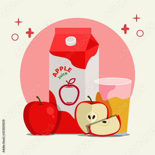 Apple juice on box packaging and on glass vector illustration