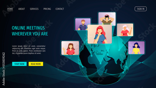 Web page for Video conferencing, Online meeting, Distance working and learning, communication. Planet and people talking by internet. Vector illustration for poster, banner, commercial, advertising.