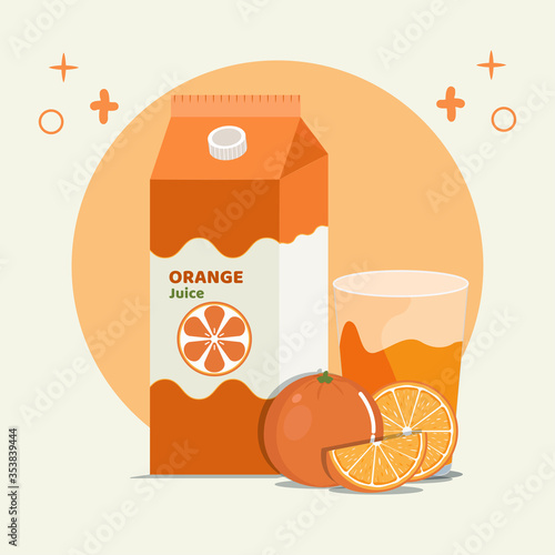 Orange juice on box packaging and on glass vector illustration