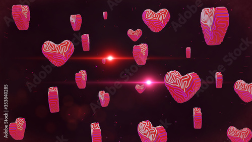 Romantic background with red rotating hearts with white and magenta lines on them and optical flares