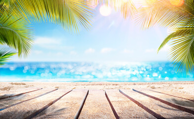 Empty Wooden Planks With Blur Beach And Sea On background
