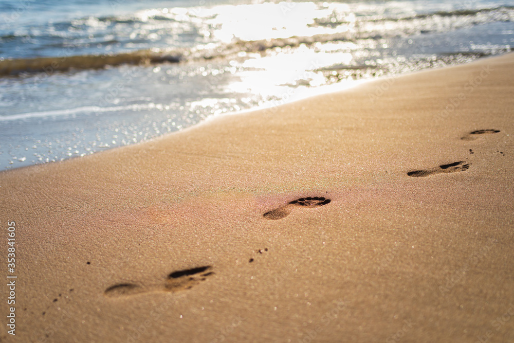 footprints in the beach sand with waves in the background footprints in the beach sand with waves in the background