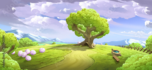 Original digital cartoon illustration with huge tree in summer season and horizontal green landscape with blue cloudy sky on the background