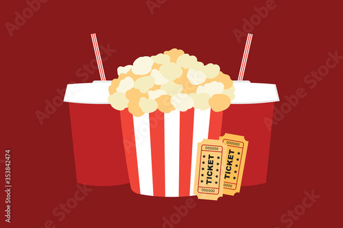 Cinema fast food vector illustration with popcorn, soft drinks and movie tickets.